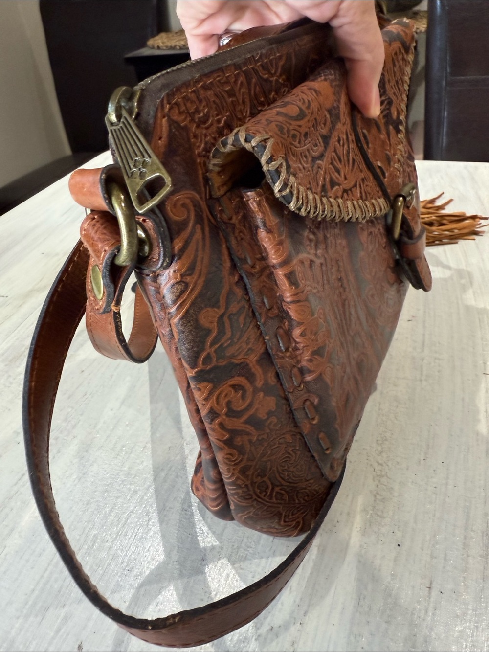 Patricia Nash Chestnut Tooled Leather Crossbody with Tassel - Picture 5 of 13